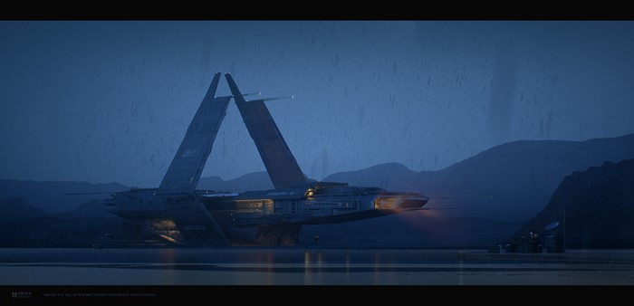 Spaceship in a misty landscape