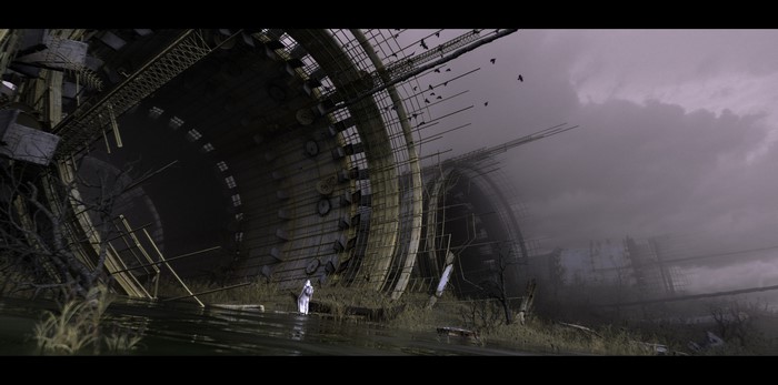Post-apocalyptic industrial landscape with mist