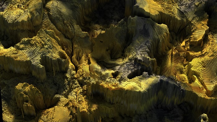 Yellow and black abstract 3D fractal landscape