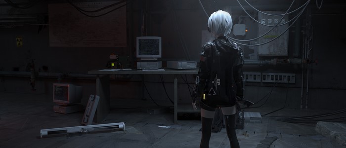 Anime girl with silver hair in a science fiction setting