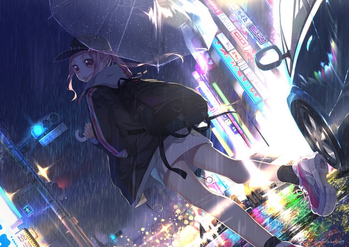Anime girl with pink hair in the rain at night