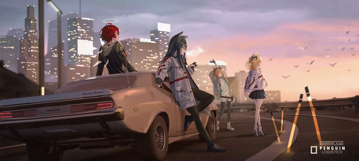 4K Arknights characters Texas, Exusiai, Sora, and Croissant by a car at sunset