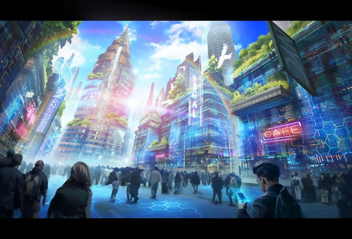 Futuristic city with neon lights and people