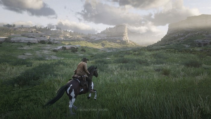 Cowboy riding a horse in Red Dead Redemption 2 landscape