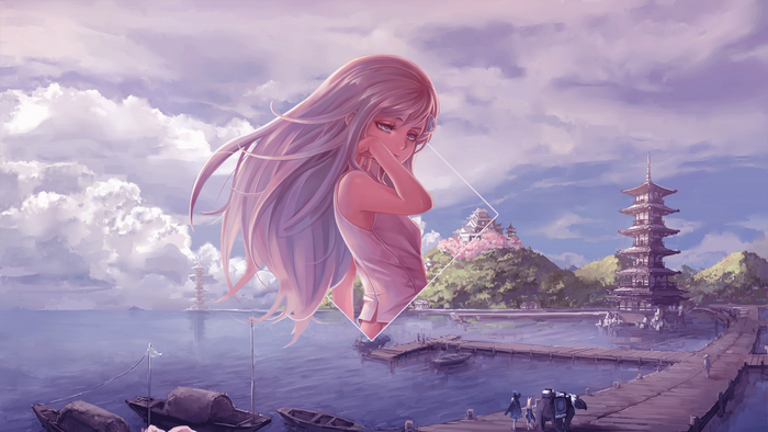 Anime girl with silver hair by the sea with pagodas