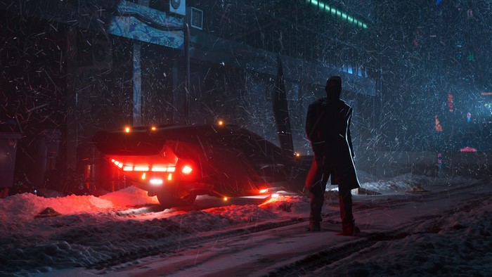 Man in trench coat in snowy Blade Runner city