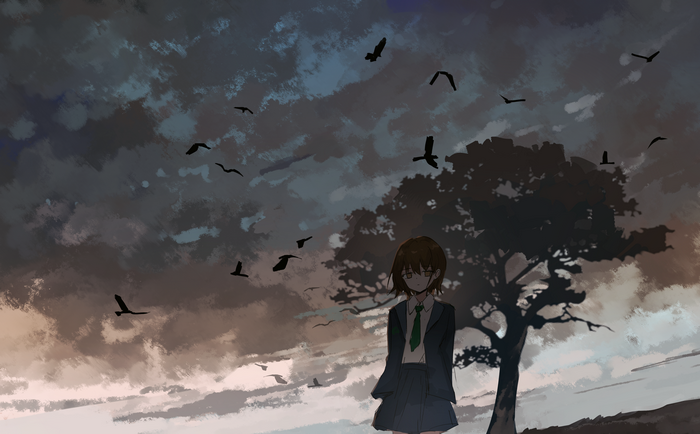 Anime girl in school uniform with birds and tree