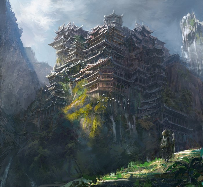 Fantasy temple built into a mountainside