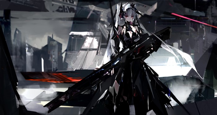 Anime girl with a large weapon in a sci-fi city