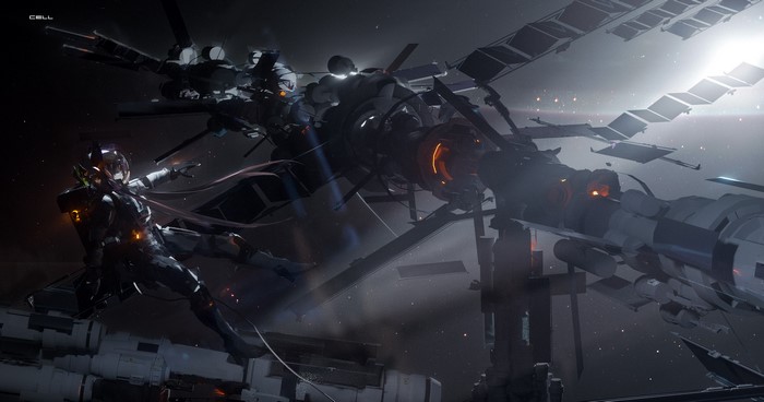 Anime girl in futuristic armor near a space station
