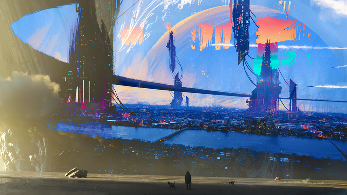 Futuristic city on a planet with a galaxy background