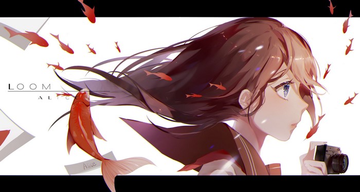 Anime girl with camera and koi fish