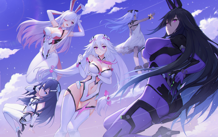Anime girls with bunny ears in bodysuits in the sky