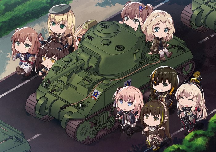 Chibi Girls und Panzer and Girls Frontline characters with tanks