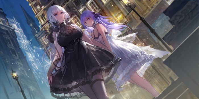 Illustrious and Unicorn from Azur Lane in a city