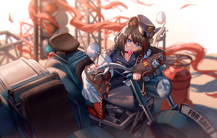Zima from Arknights on a motorcycle
