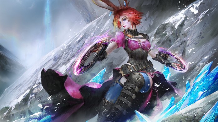 Fantasy redhead woman with bunny ears and glowing weapons