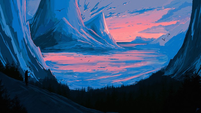 JoeyJazz winter landscape with mountains and birds