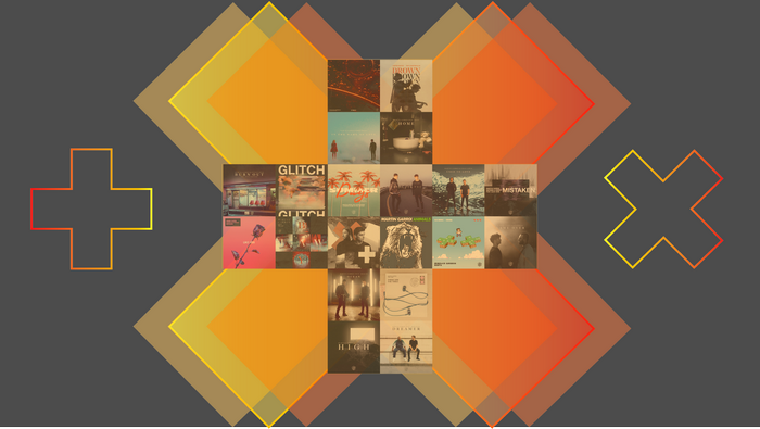Collage of Album Covers with Geometric Shapes and Logos