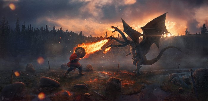 Knight battles a three-headed dragon with fire breath