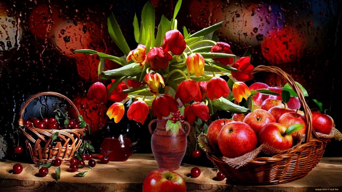 Still life with tulips, apples, and cherries