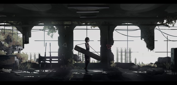Anime girl carrying a sign in a ruined building