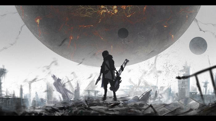 Anime artwork of a person in ruins with planets in the sky