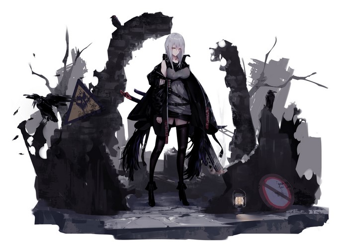 Anime girl with sword and crows in ruined city