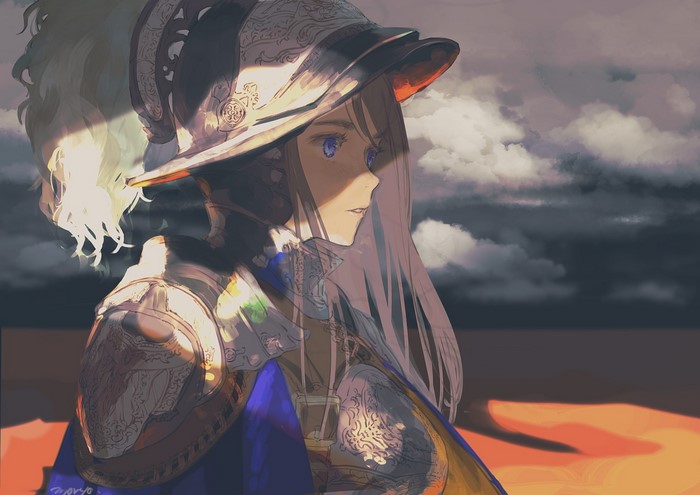 Anime artwork of a knight with blue eyes