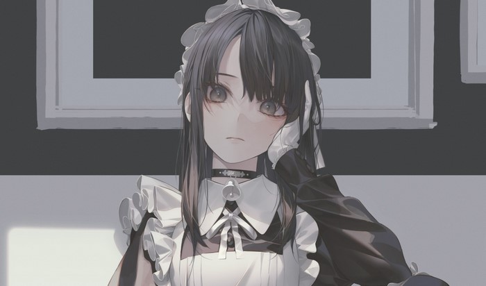 Anime girl in maid outfit with dark hair and eyes
