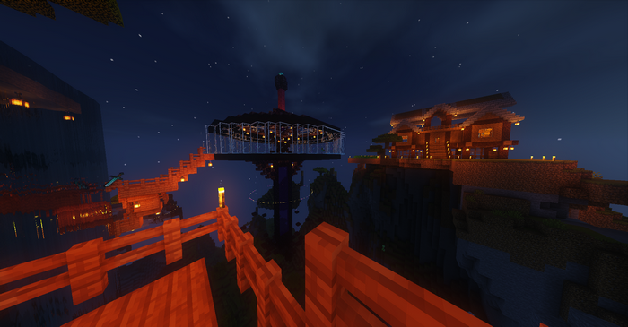 Minecraft floating islands with wooden structures and a tower
