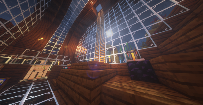 Minecraft interior with wooden walls and glass ceiling