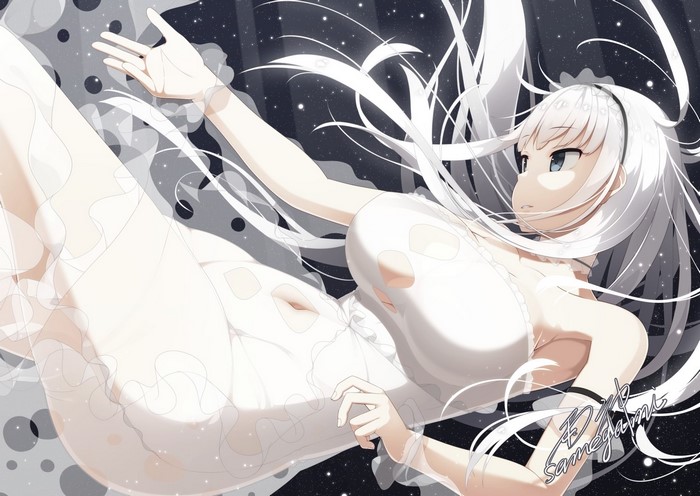 Anime girl with silver hair in a white dress
