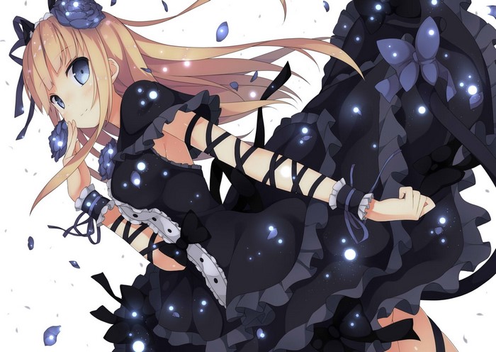 Anime girl with blonde hair and blue eyes in gothic lolita dress