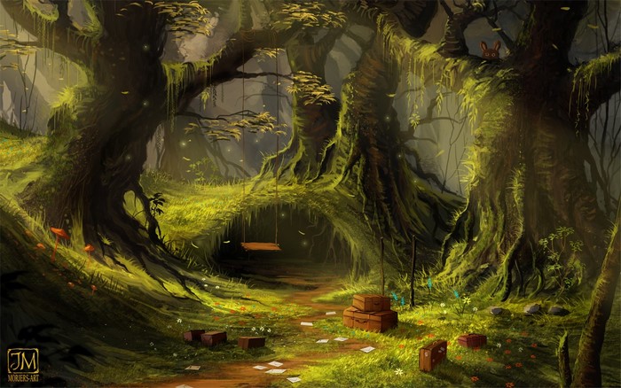 Mossy forest with swings and suitcases