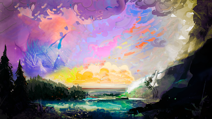 Fantasy landscape with vibrant clouds and a lake
