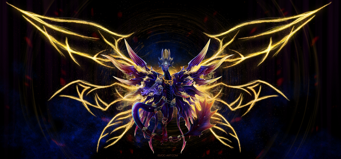 Fantasy art of a dark dragon with golden wings