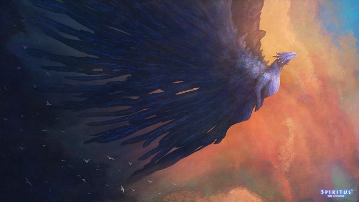 A dragon with dark wings flies in the sky