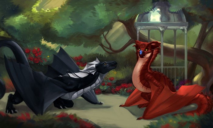 Two dragons in a garden with a gazebo