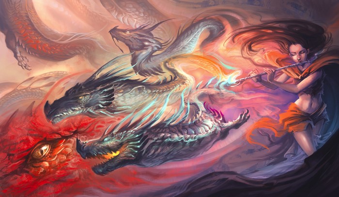 Woman playing flute with dragons