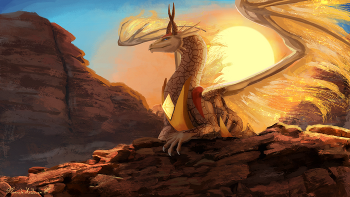 Dragon in a rocky desert at sunset