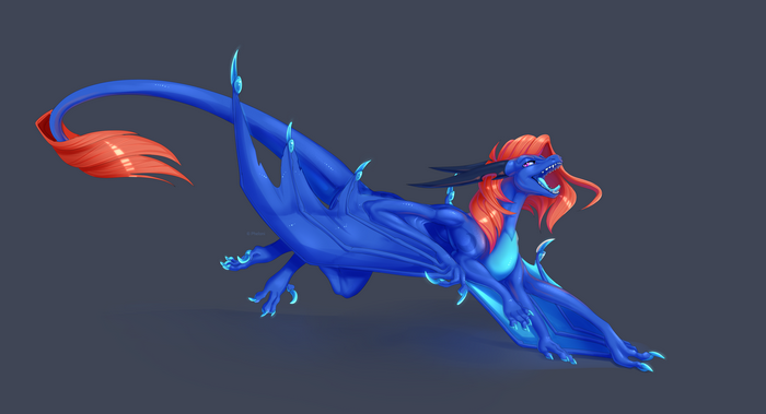 Blue dragon with orange mane and tail