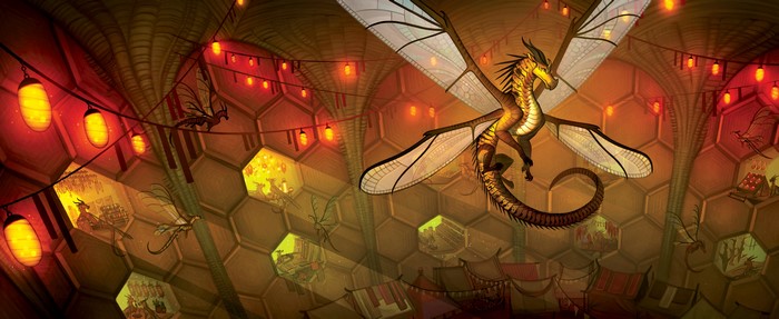 Fantasy art of dragons in a honeycomb-like structure