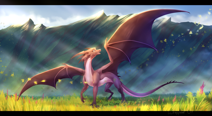 Dragon in a field with mountains