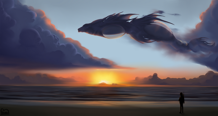 Fantasy creature flying over the sea at sunset