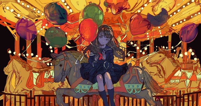 Anime girl in school uniform on a carousel with balloons