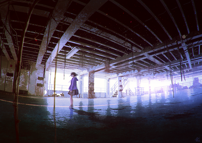 Anime girl in purple hoodie in abandoned building