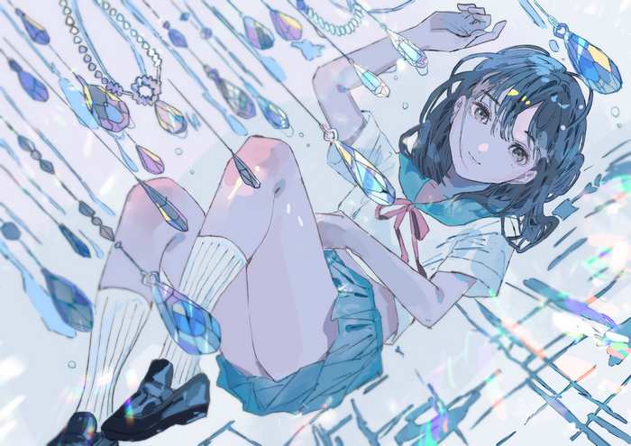Anime girl in school uniform with falling crystals