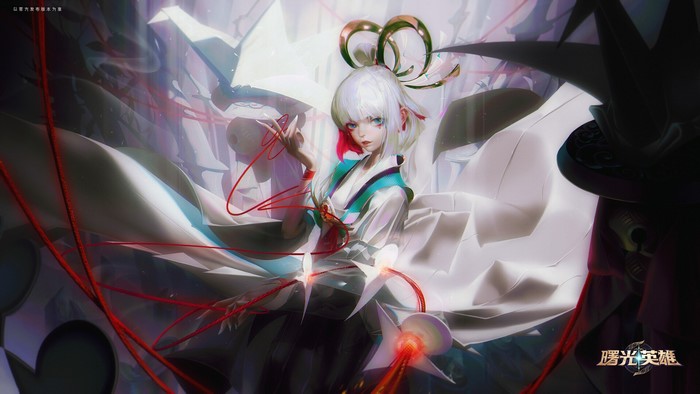 Fantasy art of a woman with white hair and red strings