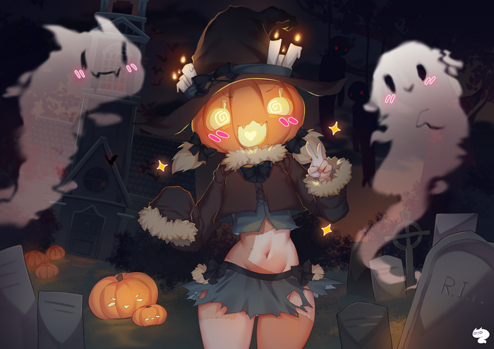 Pumpkin Witch Girl with Ghosts in Graveyard